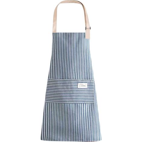 Tablier De Cuisine - 1 Pièce - Coton Et Lin - Imperméable Avec Poches - Chef Et Jardinage - Bleu Rayé 70x68cm (1/5)