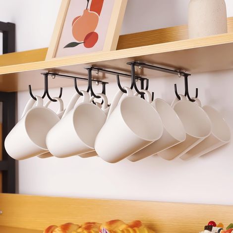 Lot de 3 Porte-tasses,12 Crochets,Suspendu sous Placard,Fer Noir,Cuisine (1/5)