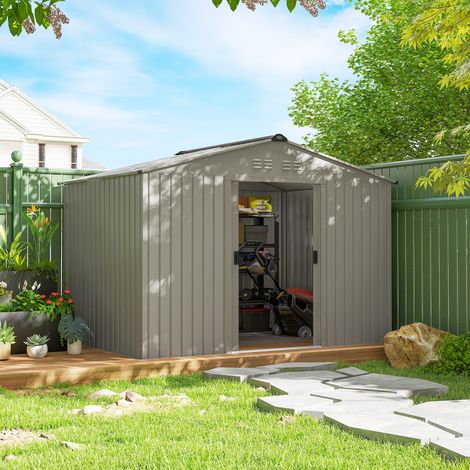 Gartenhaus 4,9 m² (277 x 195 x 192 cm) mit 2 Schiebetüren, Schrägdach und 4 Fenstern, silbergrau