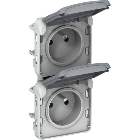 Prise de courant 2x2P+T verticale pré-câblée – Programme Plexo modulaire gris – 16A 250V – Pour installation électrique professionnelle (1/5)