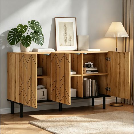 Madia 120x35x70 cm naturale in truciolare con gambe in metallo e finitura a onde (1/5)