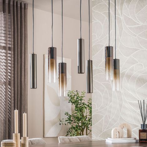 Suspension 7 lampes cylindriques en verre brun et bronze - LINKA (1/5)