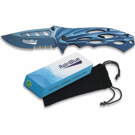 Regenblaues Fantasiemesser, mango Stahl, 8,6 cm lange Klinge aus rostfreiem Stahl, mit Clip, Samtscheide