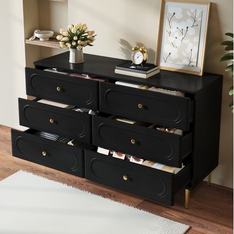 Sideboard ,Kommode mit 6 Schubladen, ovalen Vertiefungen, Metallfüße, moderner Aufbewahrungsschrank fürs Wohnzimmer (1/5)
