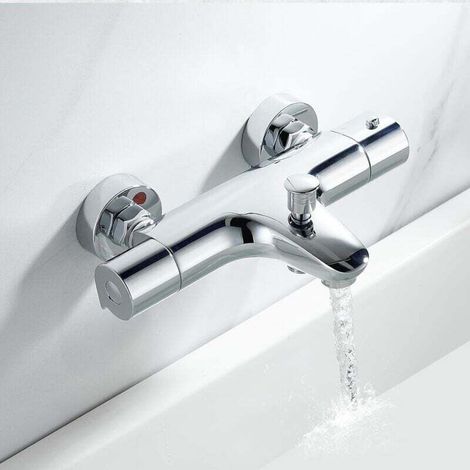 Mitigeur thermostatique de bain, mitigeur thermostatique de douche en laiton, robinet de baignoire avec butée de sécurité 38 °C, robinet de douche mural à deux sorties, entraxe de 150 mm, chromé