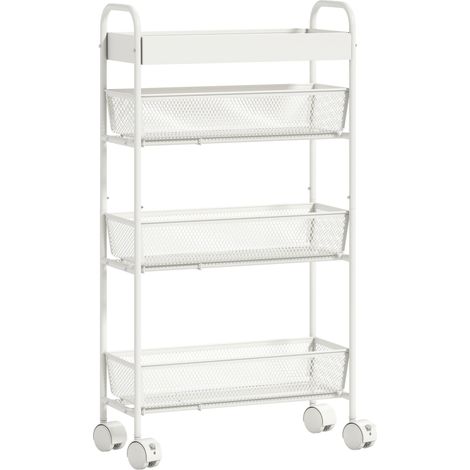 Carrito de cocina metálico, 3 cestas, diseño delgado, 4 ruedas, blanco