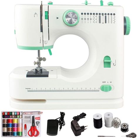 Machine à coudre, machine à coudre pour débutants, 12 points, portable avec lumière LED, 2 vitesses (avec jeu de fils)
