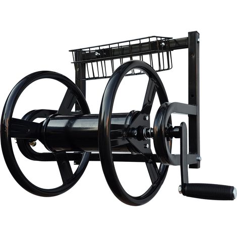 Relaxdays hose reel, stainless steel, 40 m, wall mounting, click coupling, HxWxD: 56 x 48 x 42 cm, black