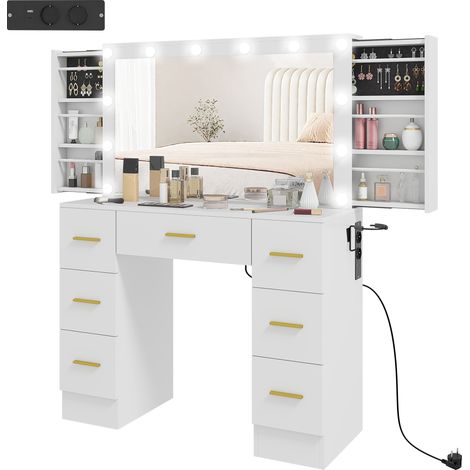 Coiffeuse miroir LED 12 lumières meuble-lavabo 7 tiroirs 6 compartiments rangement panneaux particules blanc (1/5)