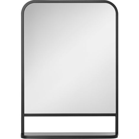 Miroir mural métallique noir et argent 70x50 cm avec étagère