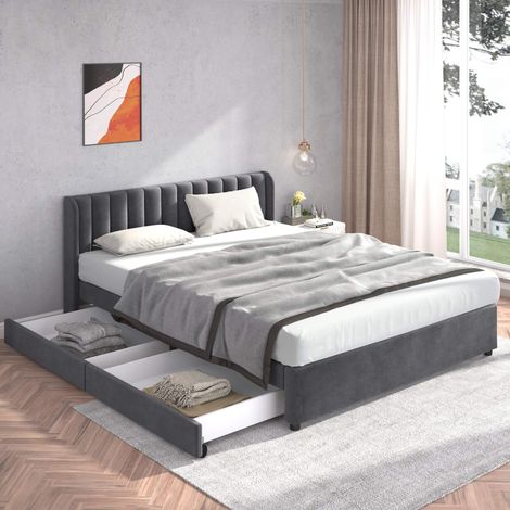 Lit double rembourré 180x200 cm gris en velours, tête de lit haute, 2 tiroirs sur roulettes, sommier à lattes en bois massif inclus, sans matelas (1/5)