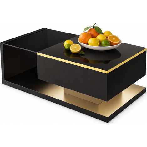 Table basse rectangulaire 100 x 50 cm en verre trempé et noir brillant avec LED 16 couleurs dimmable, rangement ouvert, style moderne pour salon, CHICFURN (1/5)