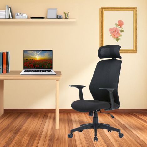 Dmora - Silla de oficina Dapril, Sillón presidencial con reposabrazos y reposacabezas, Silla de oficina ergonómica, 63x62h117/126 cm, Negro (1/3)