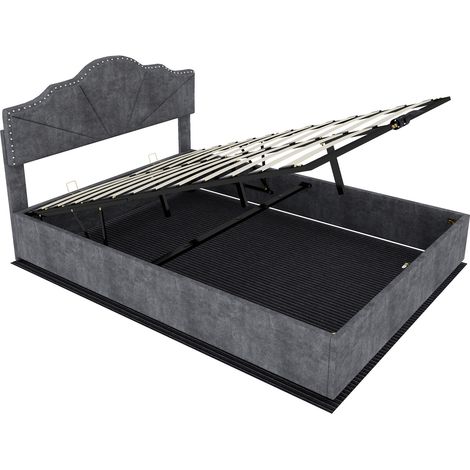 Cama con almacenamiento gris 160 x 200 cm de tela y metal con pistones de gas (1/5)