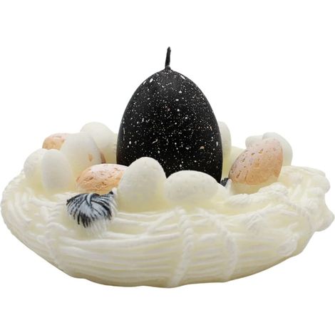 Bougie nid de Pâques en cire, bougie à oeuf noire, nid blanc, emballage cadeau avec nœud jaune, 13 x 7 cm (1/5)
