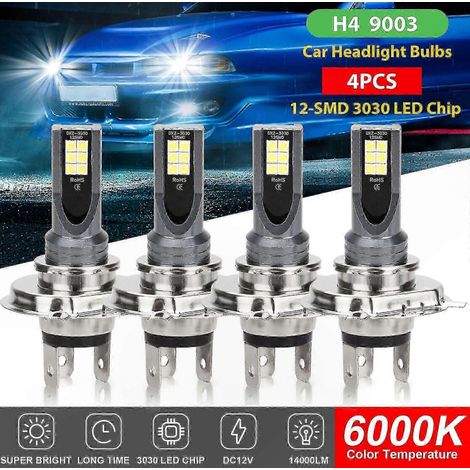 Kit of 4 LED bulbs for H4 9003 HB2 headlights, 6000K intense white, low beam and high beam, 28000 lumens. (1/3)