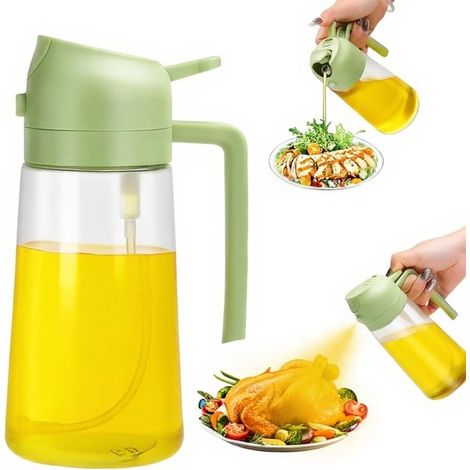 Distributeur d'huile d'olive 2 en 1 - distributeur d'huile d'olive – vaporisateur d'huile – flacon d'huile – 470 ml – Verseur d'huile – Pour la cuisine – Plastique – Vert transparent (1/5)