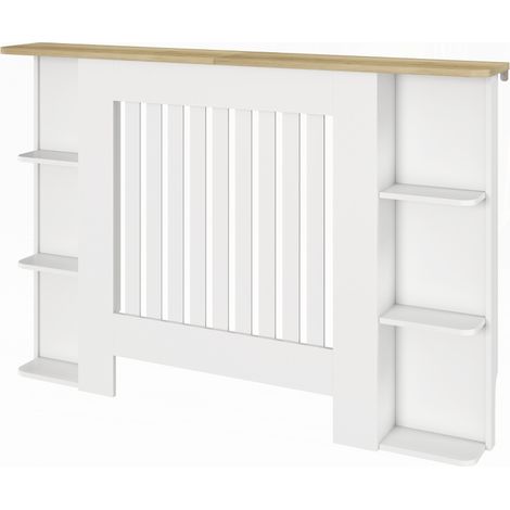 Cache-radiateur avec étagères de rangement ouvertes, couvercle de radiateur en bois à lattes, 124x19x83cm, blanc (1/5)