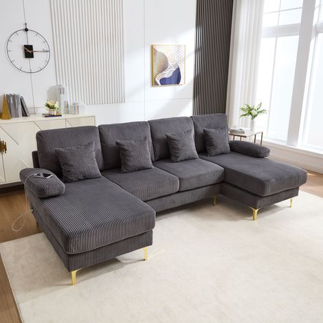 Canapé U 4 places 265x135x88 cm en velours - Avec LED 16 couleurs et ports USB Type-C - Gris (1/5)
