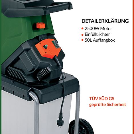 GARDEBRUK® Messerhäcksler 3100 W max. 40 mm Elektrisch Aststärke 50 L Auffangbox Gartenhäcksler Häcksler Schredder Holz