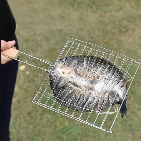 Grille de barbecue Mootea, en acier inoxydable avec poignée antiadhésive, pour poisson et viande, compatible avec le four et le barbecue. (1/4)