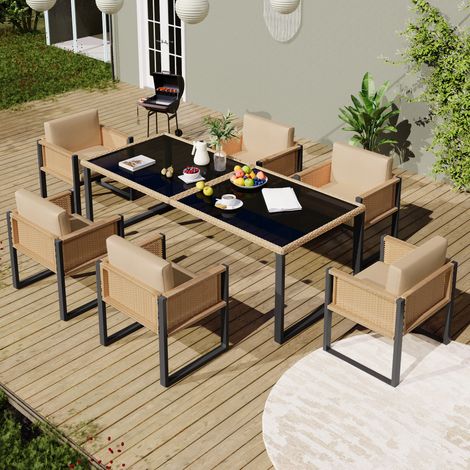 Ensemble salle à manger de jardin en polyrattan pour 6 personnes avec fauteuils, housses amovibles et lavables
