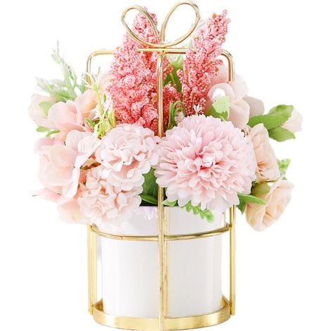 Arreglo Floral Artificial Mini - Hidrángelas Peonías Crisantemos Clavelillos - Vaso Cerámico - Centro de Mesa para Boda Oficina Hogar - 1 Unidad (1/5)
