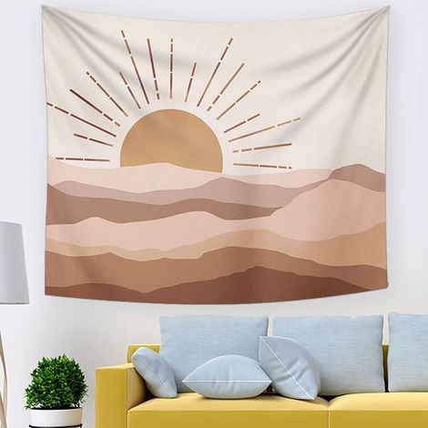 1 pièce Tapisserie murale, 130 x 150 cm, motif lever de soleil et montagnes, style bohème médiéval, décoration intérieure, chambre à coucher (1/5)