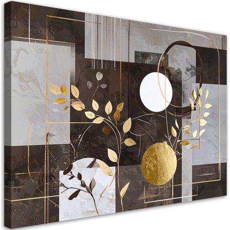 Impression sur Toile, Abstraction marron et grise feuilles cercles,60x40 (1/4)