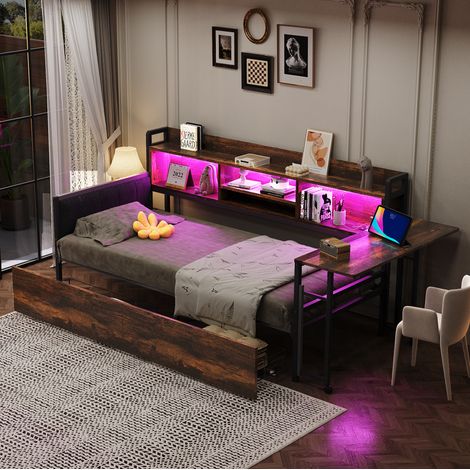 DESVIAE Lit banquette multifonction en métal 90 x 200 cm avec LED, rangements, tiroirs, bureau escamotable, prise multifonction et dossier souple couleur naturelle (1/4)