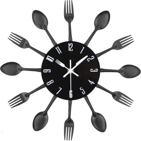 Horloge murale de cuisine, 3D amovible, moderne et créatif, couverts de cuisine, cuillère, fourchette, horloge murale, miroir, autocollant mural, décoration de la maison (noir) (1/4)