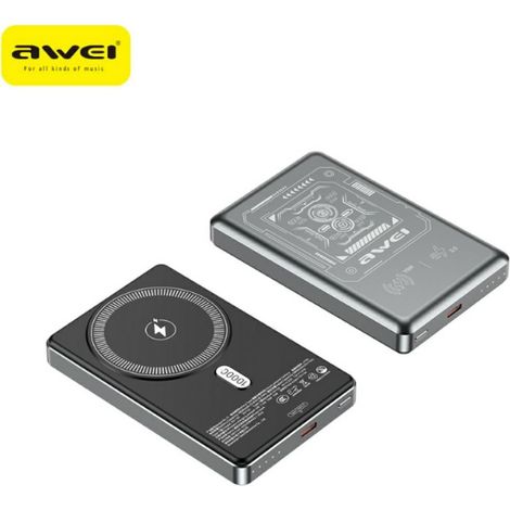 Batería externa inductiva Awei PA-31 de 10000 mAh con MagSafe, color gris.