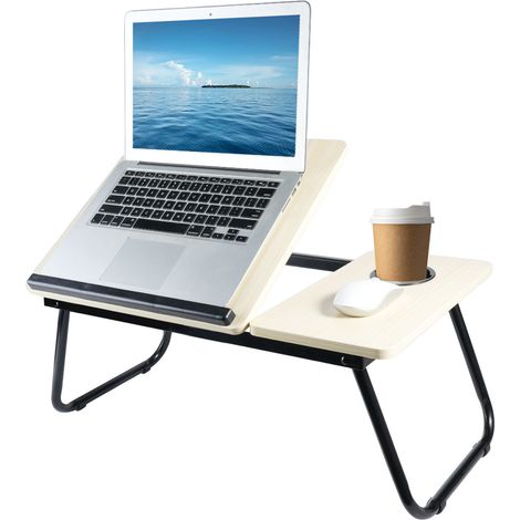 Holdfiturn Foldable Laptop Desk, Laptop Table with Cup Holder, Height Adjustable Computer Bed Tray Table, Reading Holder Notebook Stand for Eating Reading Working Wood (1/5)