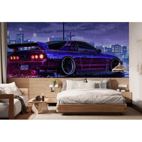 Papier peint Nocturne – Voiture tuning néon sous la pluie - 150 x 250 cm (1/2)