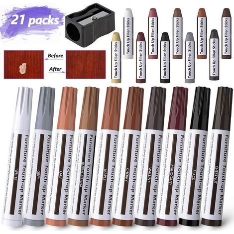 AIDUCHO 21-teiliges Möbel-Ausbesserungsstift-Set, Mehrzweck-Filzmarker-Set zur Reparatur von Flecken, Kratzern, Holzböden und Tischen mit Anspitzer (1/5)