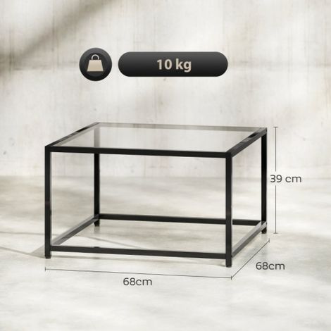 Table d'appoint carrée / Table de chevet (Plateau en verre trempé) — Table décorative (Pieds en acier) — Noir.