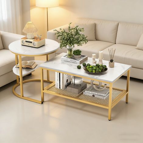 Lot de 2 Tables Basses, Table Gigogne Design Marbre, avec Espace de Rangement, Cadre en Métal, pour Canapé, Salon, Chambre (Doré Rectangle)