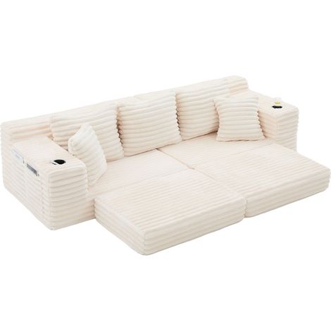 Canapé compressé en tissu côtelé avec dossier haut, coussins supplémentaires, poches latérales des deux côtés et porte-gobelets, modulable librement en canapé-lit, rembourrage doux pour un confort max (1/5)