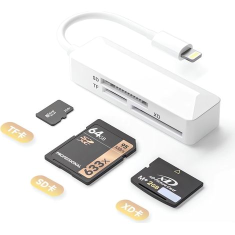 Lecteur de carte SD pour iPhone, adaptateur de lecteur de carte SD Lightning Memory Adaptateur pour carte mémoire XD haute vitesse pour iPhone 14/13/12/11/XS/XR/X/8/7/6/5 Prend en charge les cartes SD (1/5)