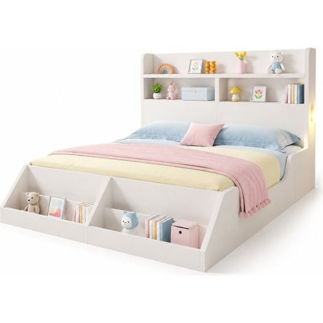 Lit double 140x200 cm avec étagères, veilleuses amovibles, bibliothèque de chevet et cadre à lattes, blanc, sans matelas  CHICFURN (1/5)