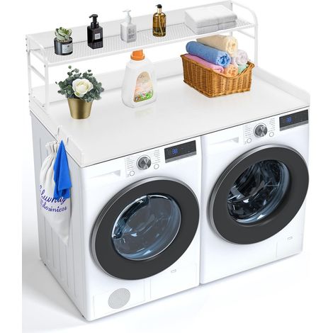 Comptoir pour lave-linge et sèche-linge avec étagère à 2 niveaux, surface de comptoir en bois, 1370 x 700 mm, avec coussinets antidérapants, pour organisation et rangement de la buanderie, blanc (1/5)