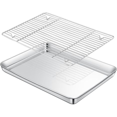 Plaque de Cuisson en Acier Inoxydable avec Grille de Refroidissement, 40x30x2.5cm Antiadhésives Rectangulaires Bac Cuisson,non Toxique et Résistant et Facile à Nettoyer Passe au Lave-Vaisselle (1/5)