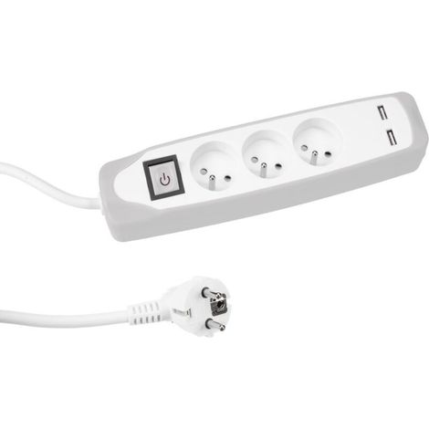 Bloc multiprise avec interrupteur, 3 prises avec terre française (type E), 2 ports USB, 1.5 m, 3G1.5, usage intérieur, blanc (1/4)