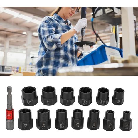 Set mit 14 Mutternausdrehern, Werkzeug zum Entfernen abgebrochener/verrosteter 3/8"-Schrauben, Sechskant-Steckschlüssel, Antirutschschlüssel. (1/5)