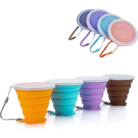 Gobelets Pliables en Silicone, Camping Randonnée Réutilisable Tasse Lot de 4, 260ml Capacité, Multicolore Foncé, avec Couvercle d'étanchéité en Plastique, pour Voyage Pique-nique Bureau (1/4)