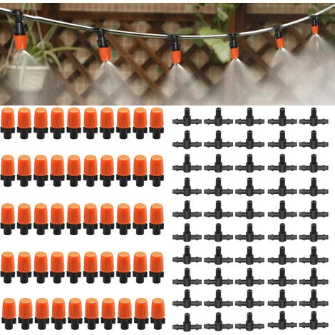 Drip Irrigation System Emitter 50 Pcs Irrigation System Garden Irrigation System Adjustable 360 Degree Sprayer with Tee Fittings for Drip Irrigation Pipe Kit (1/5)