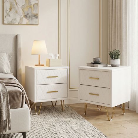 Nachtkommode 41x35,5x51 cm aus PU im 2er-Set - 2 Schubladen mit goldenen Griffen und Füßen - Beige