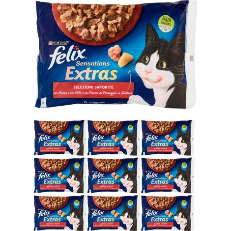 Purina felix sensations extras con manzo formaggio pollo & bacon 10 confezioni da 4 buste da 100 grammi