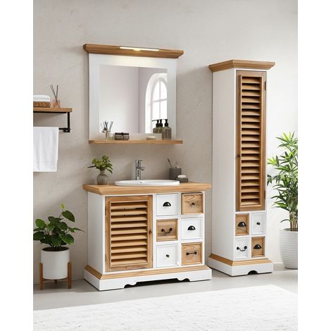 Inda - Colonne de salle de bain en bois massif blanche et naturelle (1/5)