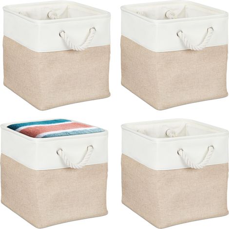 Relaxdays Cesti Portaoggetti in Tessuto Lino, 28x28x28 cm, Scatola da Scaffale a Cubo, Manici in Corda, Bianco Beige